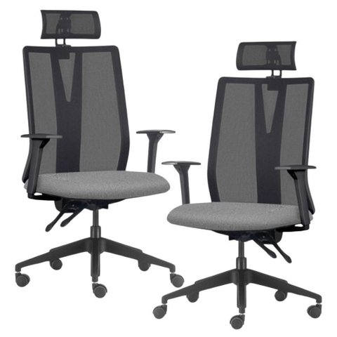 Kit 2 Cadeiras Escritório Giratória Presidente Flow F02 Base Preta Linho Cinza Escuro - Lyam Decor
