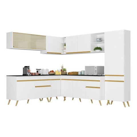 Armário de Cozinha Completa de Canto Veneza Multimóveis V2065 Branco/Dourado