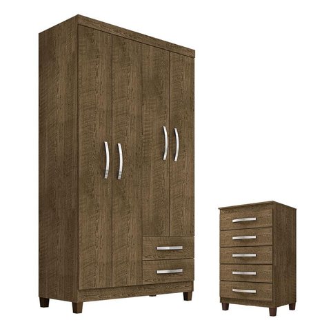 Guarda Roupa Solteiro Modena 4 Portas e Cômoda Gaveteira Cannes Malbec – Incorplac