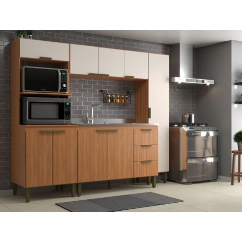 Cozinha Modulada Compacta Bia 4 Pecas com Paneleiro Torre Quente e Aéreo Freijó/Off White
