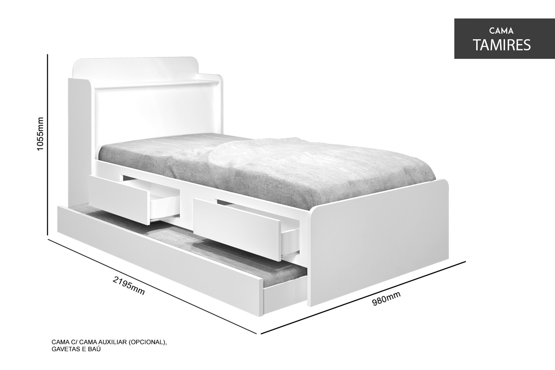 Cama Solteiro Tamires Capitone Duas Gavetas Bau e Auxiliar:castanhonogal - 3