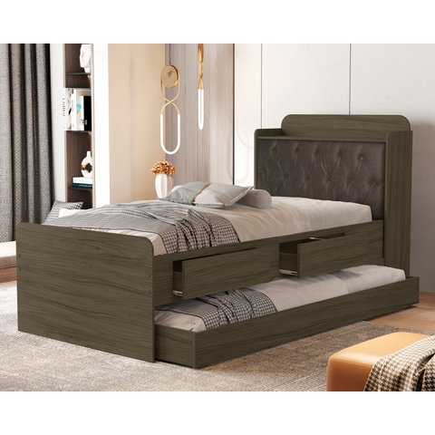 Cama Solteiro Tamires Castanho de Mdf com Cabeceira Estofada Duas Gavetas Bau e Auxiliar