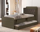Ver imagem 1 de Cama Solteiro Tamires Castanho de Mdf com Cabeceira Estofada Duas Gavetas Bau e Auxiliar