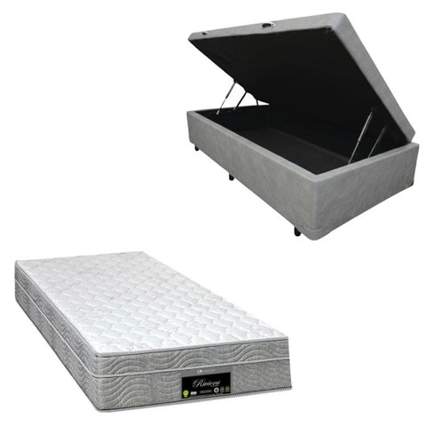 Cama Box Baú Blindada com Colchão Riviera Molas Ensacadas 25cm:corino Cinza/solteiro