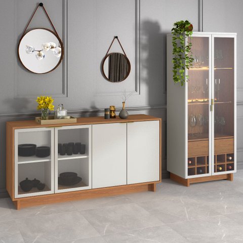 Conjunto Decorativo Cristaleira com Led e Buffet Aparador 160cm Tenerife/Gunga Off White/Freijó G73 