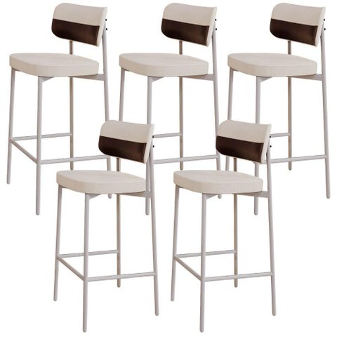 Kit 05 Banquetas Alta Bar Cozinha Sala de Jantar Aço Branco Kaira C01 Linho Palha Courino Café -