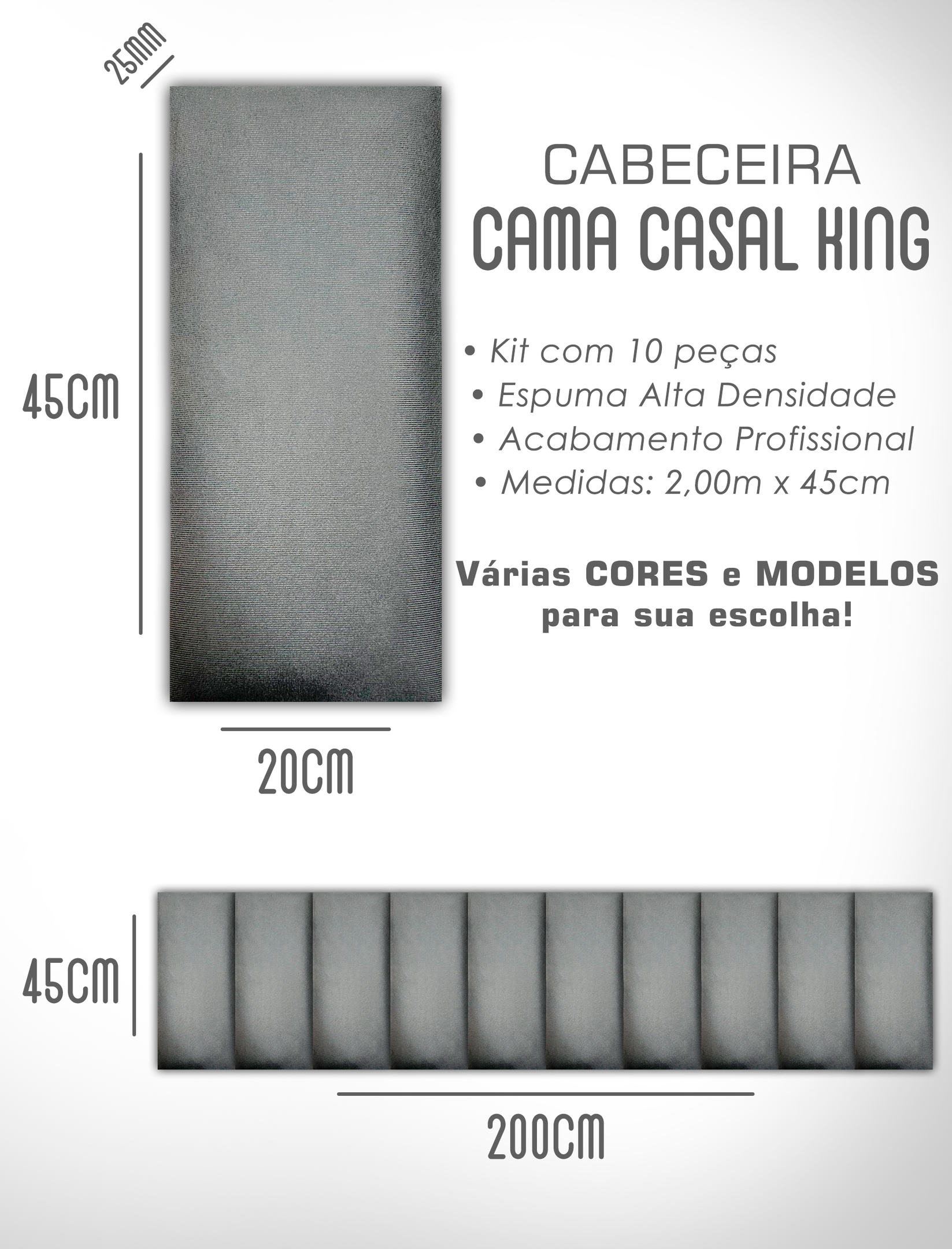 Cabeceira de Cama Box Solteiro Casal Queen King Estofada Modular 45x20cm - 7