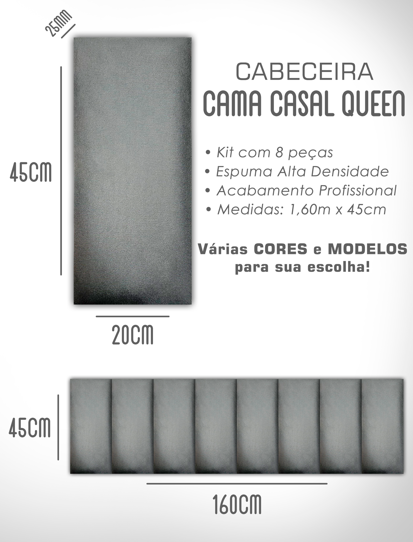 Cabeceira de Cama Box Solteiro Casal Queen King Estofada Modular 45x20cm - 6