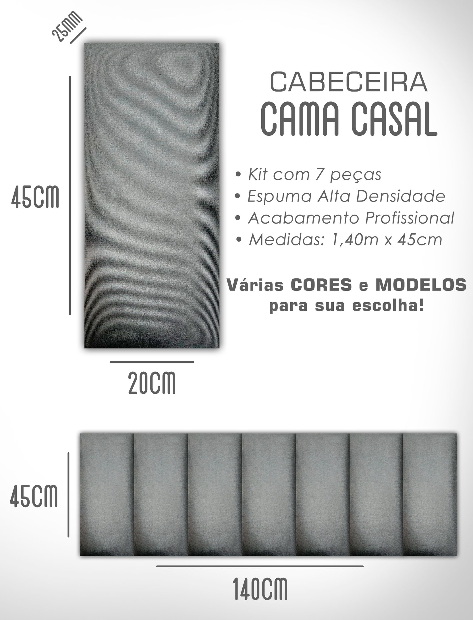 Cabeceira de Cama Box Solteiro Casal Queen King Estofada Modular 45x20cm - 5