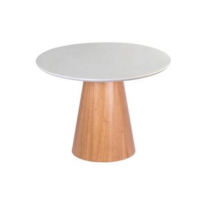Mesa de Jantar Cone Redonda 80 Cm - Lâmina de Madeira Cinamomo e Laca Branca com Vidro