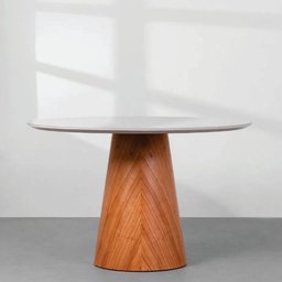 Mesa de Jantar Cone Redonda 80 Cm - Lâmina de Madeira Cinamomo e Laca Branca com Vidro - 2