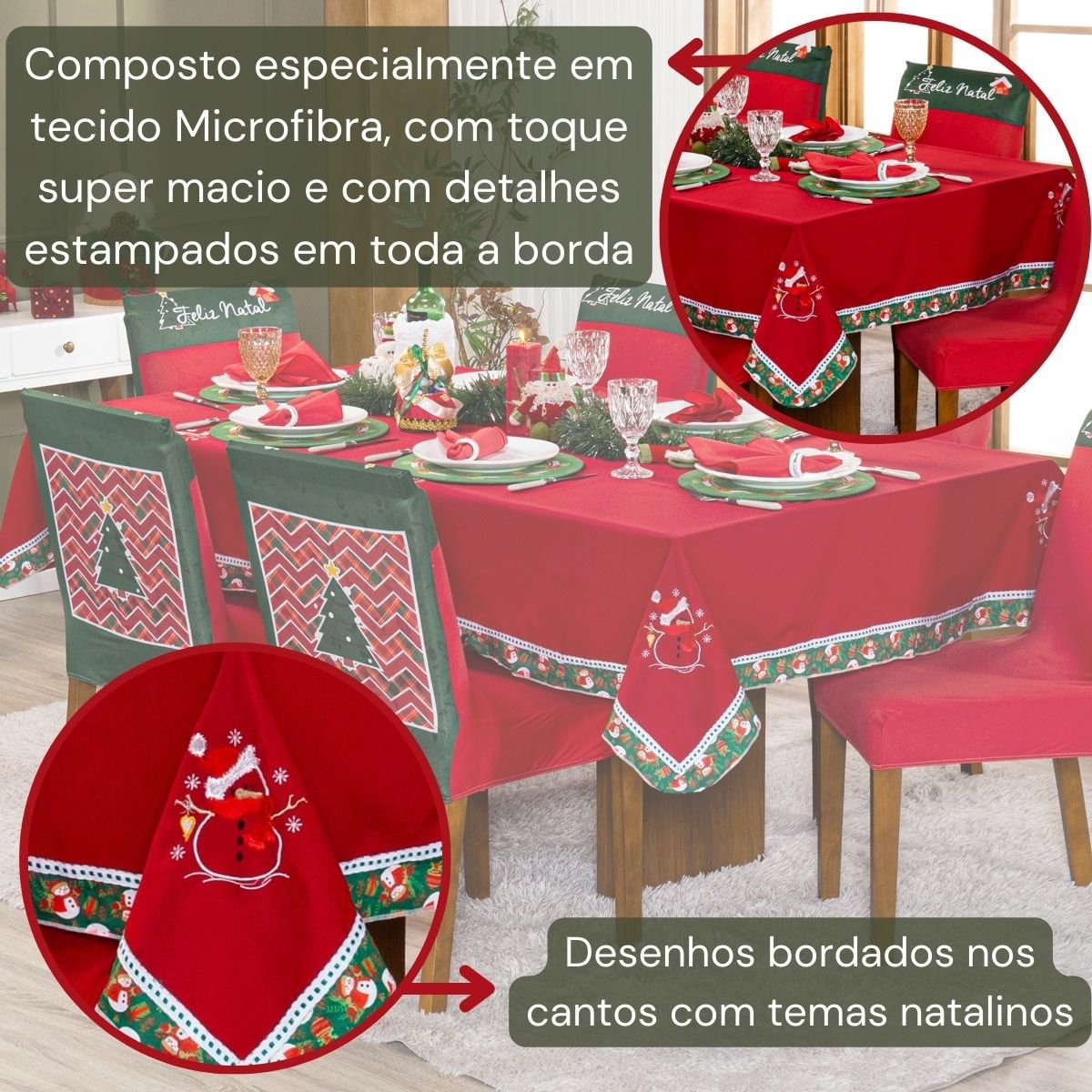 Toalha de Mesa Quadrada Avulsa Bordada Natalina Boneco de Neve Vermelho 1,50m X 1,50m para 04 Lugare - 4