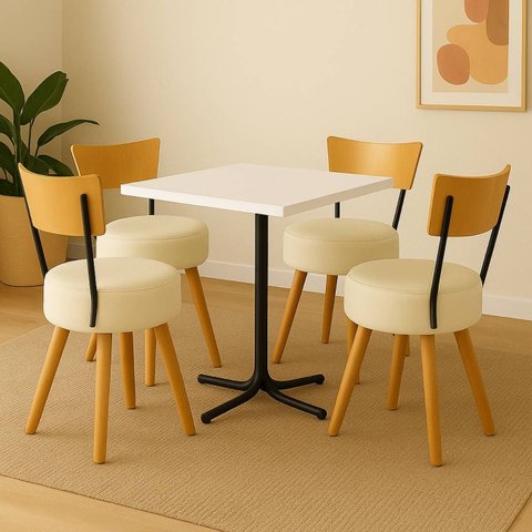 Conjunto Mesa de Jantar Quadrada Preta Tampo Branco com 4 Cadeiras Estofada Off-white Encosto Madeir
