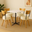Ver imagem 1 de Conjunto Mesa de Jantar Quadrada Preta Tampo Branco com 4 Cadeiras Estofada Off-white Encosto Madeir