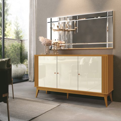 Buffet Aparador Balcão Ripado Argo 3 Portas, Pés Madeira Maciça