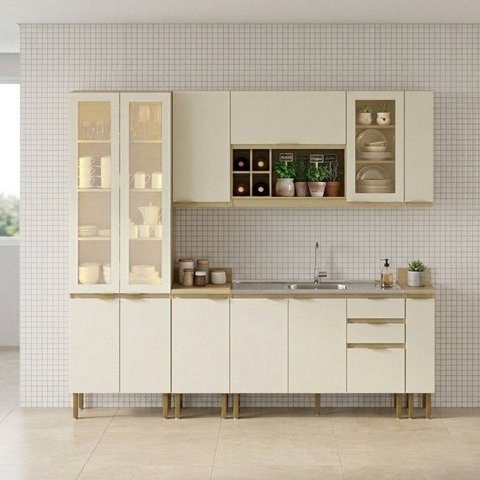 Cozinha Modulada Compacta sem Tampo de Pia com Cristaleira e Porta Temperos Nanda