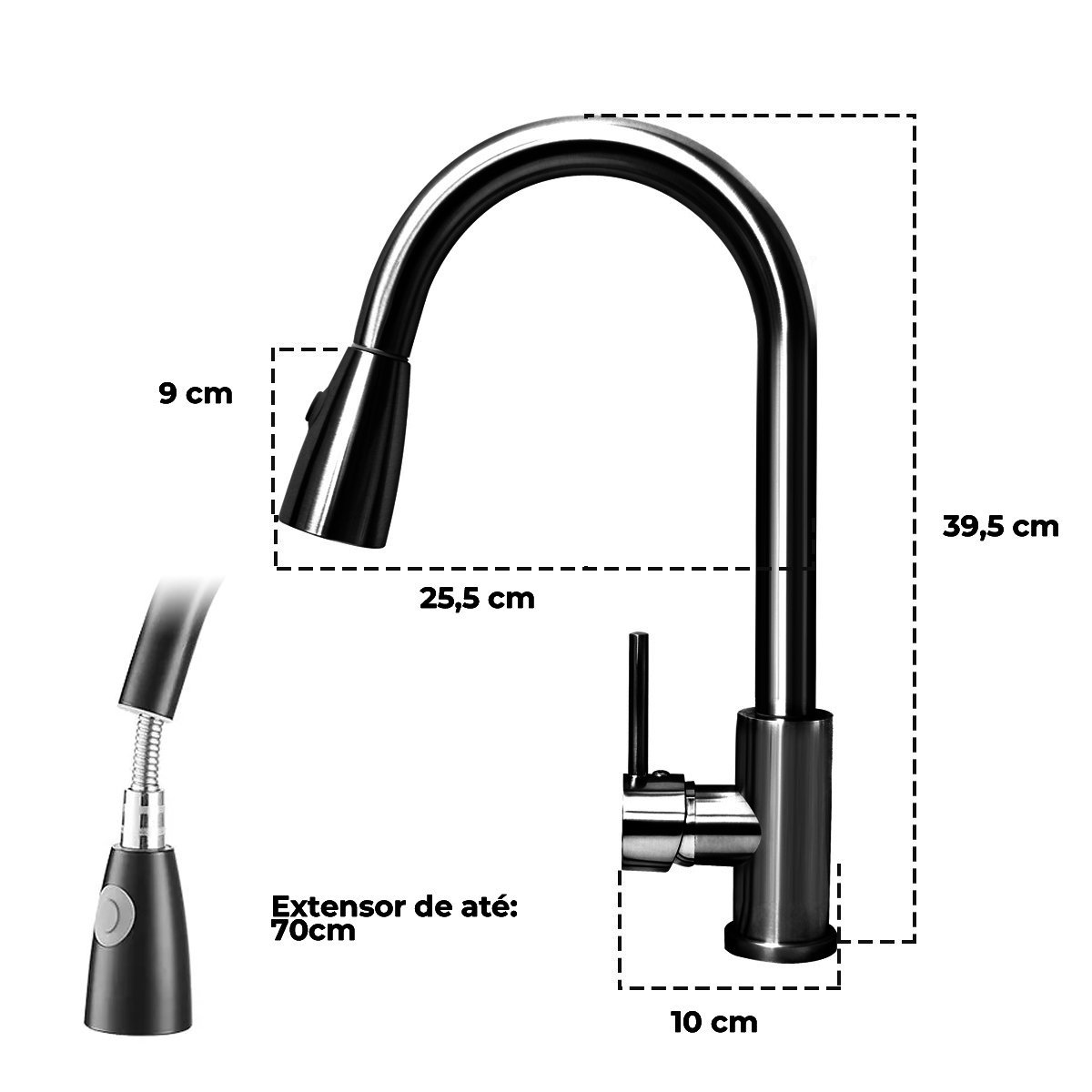 Torneira de Cozinha Gourmet Monocomando com Extensor Ducha Luxo - Preta - 9