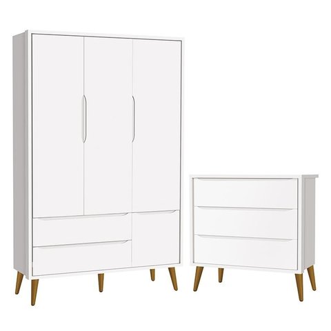 Jogo de Quarto Infantil Theo Retrô Guarda Roupa 3 Portas e Cômoda Branco com Pés Amadeirado - Reller