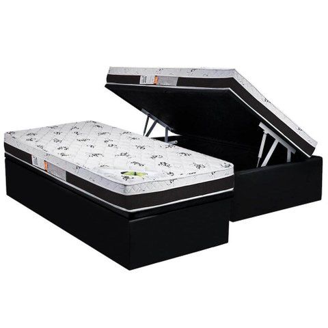 Cama Box Baú Solteiro: Colchão Espuma Luckspuma D33 / AG65 Aspen 50 Pró Saúde + Base CRC Suede Black