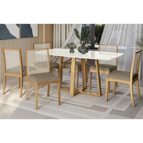 Mesa Cozinha Elma Premium Madeira Maciça C/ Tampo Madeirado C/ Vidro 170x90cm e 6 Cadeiras Lara
