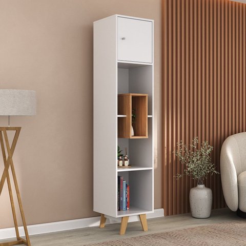 Estante de Livros 39CMX181CM Pés em Madeira Maciça 1 Porta com Nicho Yescasa Branco/Nogal