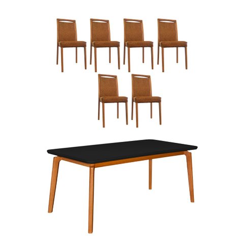 Mesa Jantar Luxo Jade 160x90cm Preto com 6 Cadeiras Estofadas Couro Pu Caramelo Base Madeira Maciça