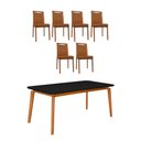 Ver imagem 1 de Mesa Jantar Luxo Jade 160x90cm Preto com 6 Cadeiras Estofadas Couro Pu Caramelo Base Madeira Maciça