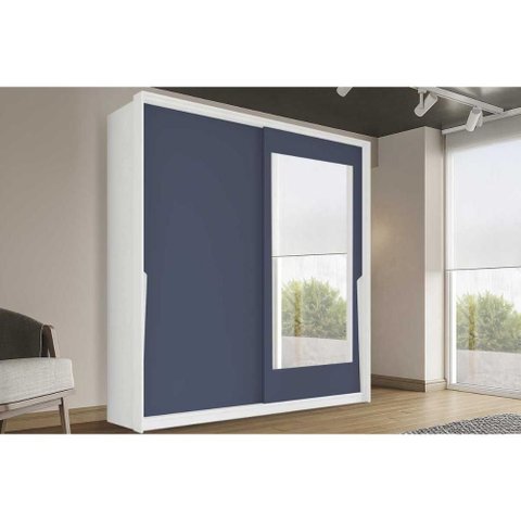 Guarda Roupa 2 Portas de Correr (1 C/ Espelho) e 2 Gavetas Porto Branco/azul - Politorno
