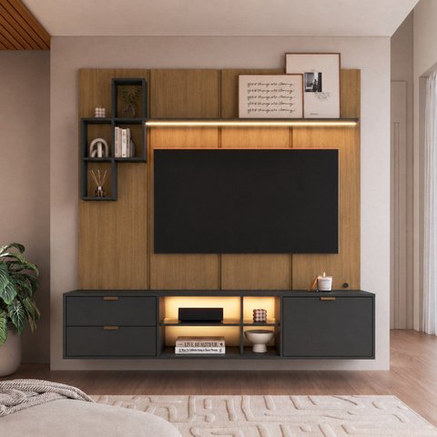Conjunto Rack e Painel Suspenso para TV até 55 Polegadas com LED Aurora Mel/Grafite