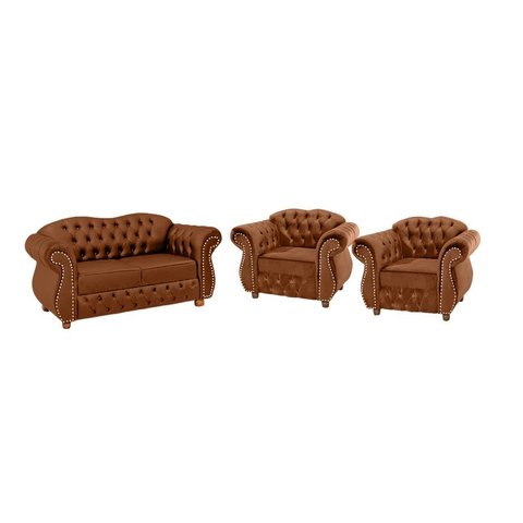 Conjunto Chesterfield Merlo Namoradeira c/ 2 Poltronas - Veludo Marrom / decoração, recepção, sala t
