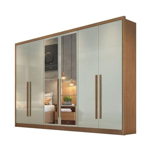 Guarda Roupa Casal Livorno 6 Portas Giratórias 8 Gavetas MDF com Espelho Cumaru-Fendi Móveis Novo