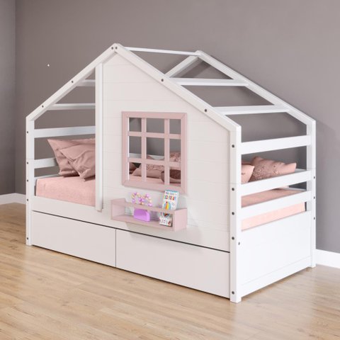 Cama Casinha com Janela e 02 Gavetas Madeira Maciça Branco/ Rosa Housin