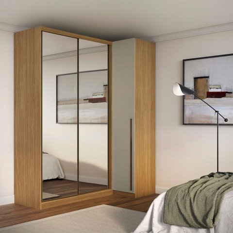 Guarda Roupa de Canto Porta de Correr 3 Portas 2 Espelhos Mdf Altezza Trend Belmax:freijó/off White
