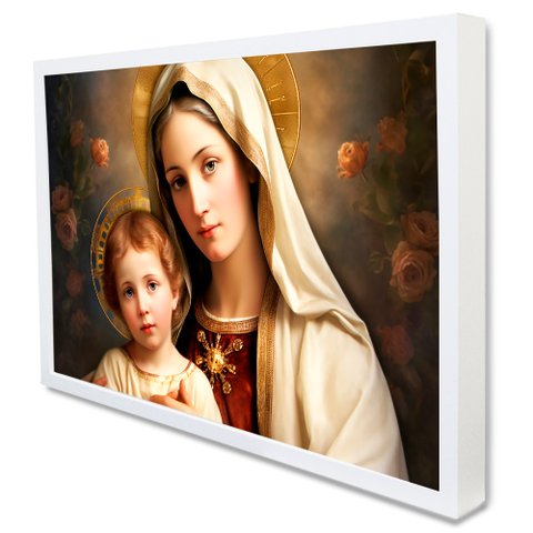 Quadro Decorativo Virgem Maria e o Menino Jesus em Moldura Caixa Tacolado Moldura Caixa 3cm Branca C