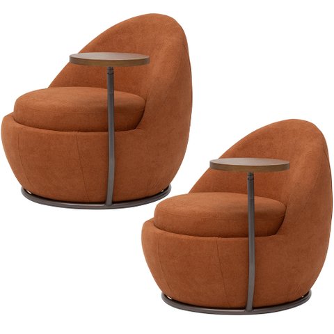 Kit 02 Poltronas Decorativa Giratória Yumi com Mesa Lateral Direita C06 Linho Terracota C-201 - Lyam