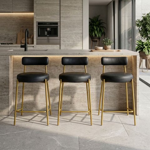 Banqueta Cozinha Média com Encosto Industrial Dourado Kit 3 Londres PU D03 - D'Rossi