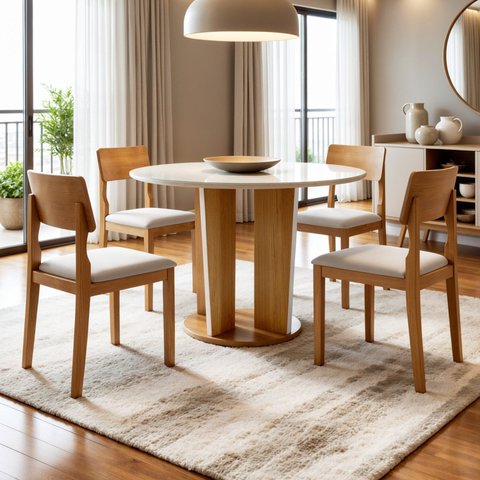 Conjunto Sala de Jantar 4 Lugares Redonda Tampo de Vidro 135cm Mesa e Cadeira Ana Marrom/Cinamomo/Off White/Veludo Palha