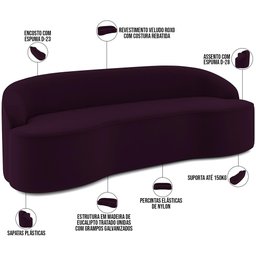Sofá 3 Lugares Curvo Sala de Estar Living Lótus D02 Veludo Roxo 180 cm C-292 - Lyam Decor - 4