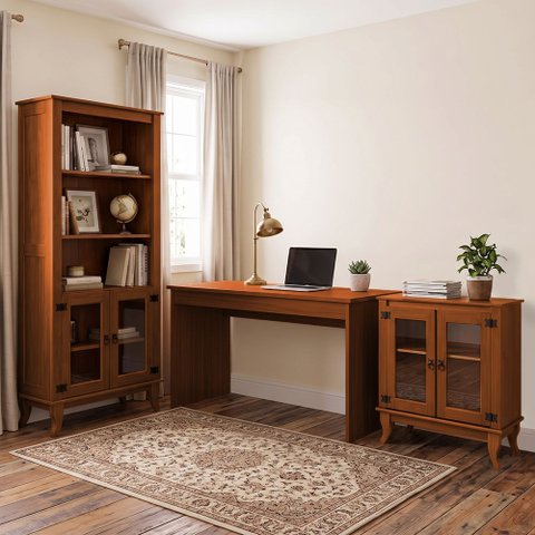 Kit Mesa Escritório Veneza e Livreiro 2 Portas Vidro Madri e Barzinho Vidro Imperial Castanho