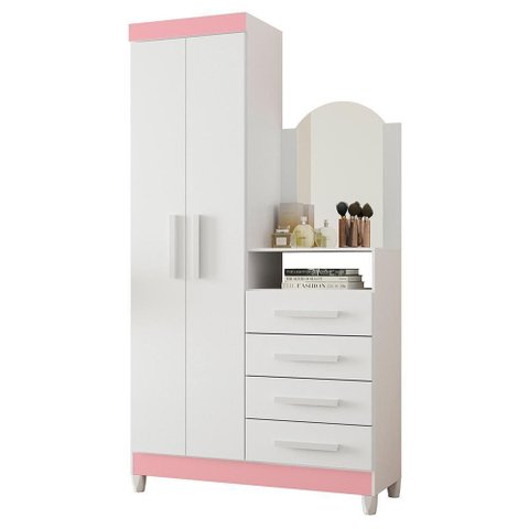 Cômoda New Capri 2 Portas e 4 Gavetas Quadriflex Branco/rosa Matte com Espelho - Móveis Albatroz
