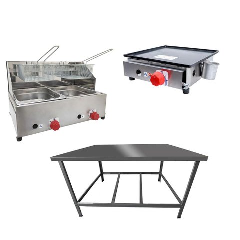 Kit Lanchonete Mesa de Manipulação 100x55cm + Fritadeira a Gás 2 Cuba + Chapa a Gás 30cm