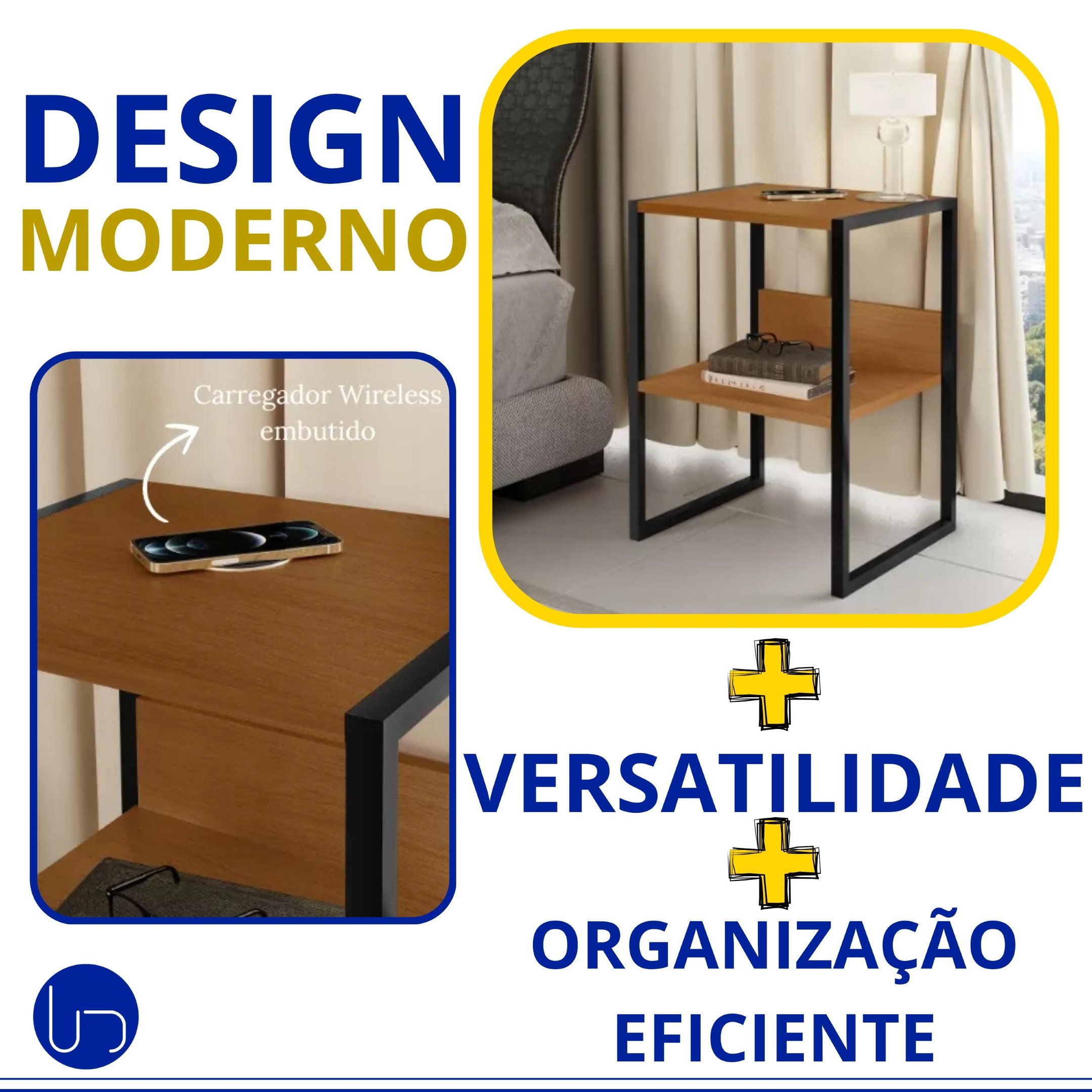 Mesa Cabeceira Industrial Carregador Wireless Embutido Design Moderno Tecnologia Sofisticado Decoraç - 5