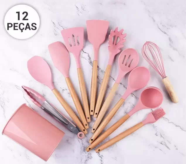 kit de utensílios de Cozinha Silicone cabo de Madeira 12 Pçs:Rosa - 2