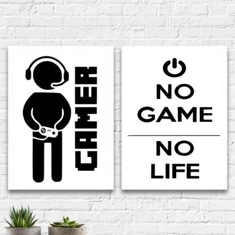 Kit 2 Quadros Decorativos Gamer Life 24x18cm:Madeira branca