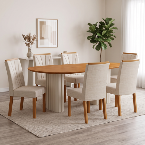 Conjunto Sala de Jantar 6 Cadeiras MDF Tampo Orgânico Bege/Off White/Cinamomo