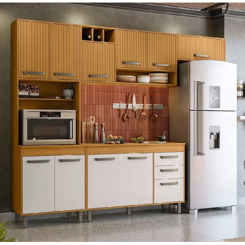 Cozinha Compacta Malta com Balcão 120cm com Tampo MDP - Freijó/Ripado/Off Acetinado Poliman