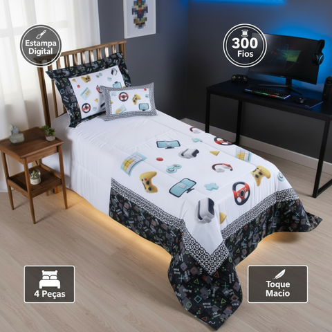 Kit Edredom Boy Solteiro Infantil 300 Fios Estampa Jogos 4 Pçs