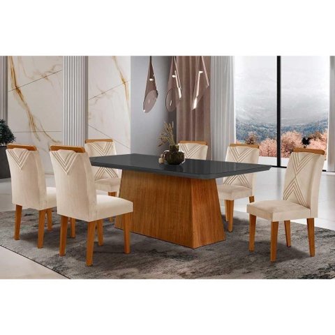 Sala de Jantar Completa Luna Tampo Madeirado C- Vidro Curvo 180x90 e 6 Cadeiras Amsterdã Imbuia-