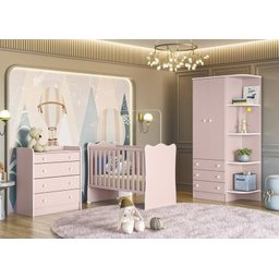 Quarto Infantil Lua Encantada Guarda Roupa , Berço e Cômoda Trocador Rosa - 1