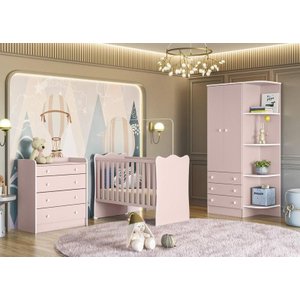 Quarto Infantil Lua Encantada Guarda Roupa , Berço e Cômoda Trocador Rosa